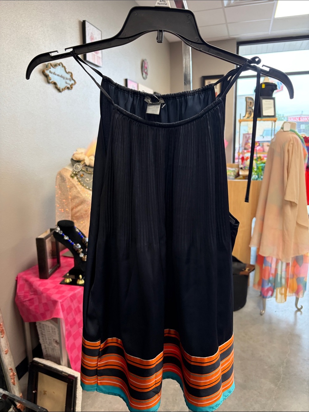 Ann Taylor Black A-Line Sleeveless Skirt with Orange and Teal Stripe Hem
